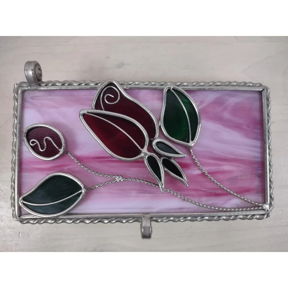 Vtg Stained Pink Slag Glass Jewelry Storage Box Red Roses 3D Lid
